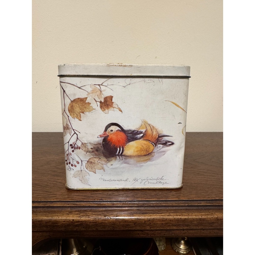 Vintage Tin Featuring Mandarin Duck by Artist Mads Stage - England Hinged Lid